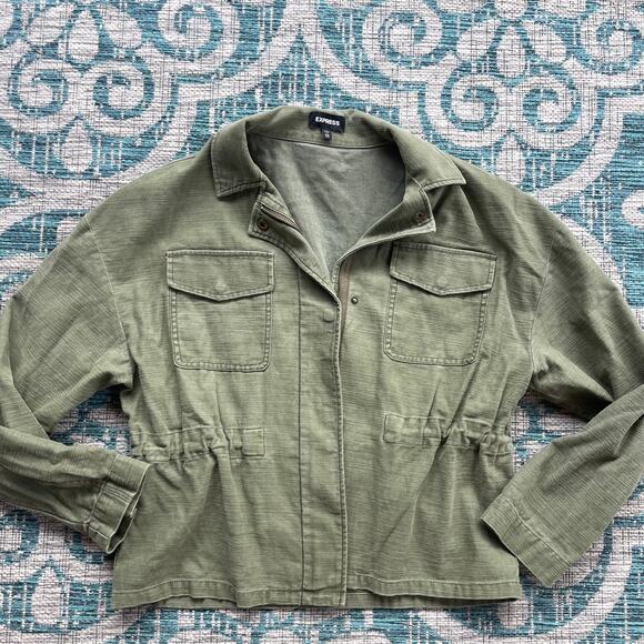 Express Olive Green Utility Jacket Drawstring Waist Button Front‎ -Size Large - Picture 2 of 8